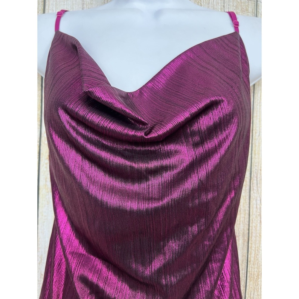 Y2K Mini Slip Dress XL Magenta Satin Cowl Neck Mini Glam Party Metallic Rave - Picture 3 of 7